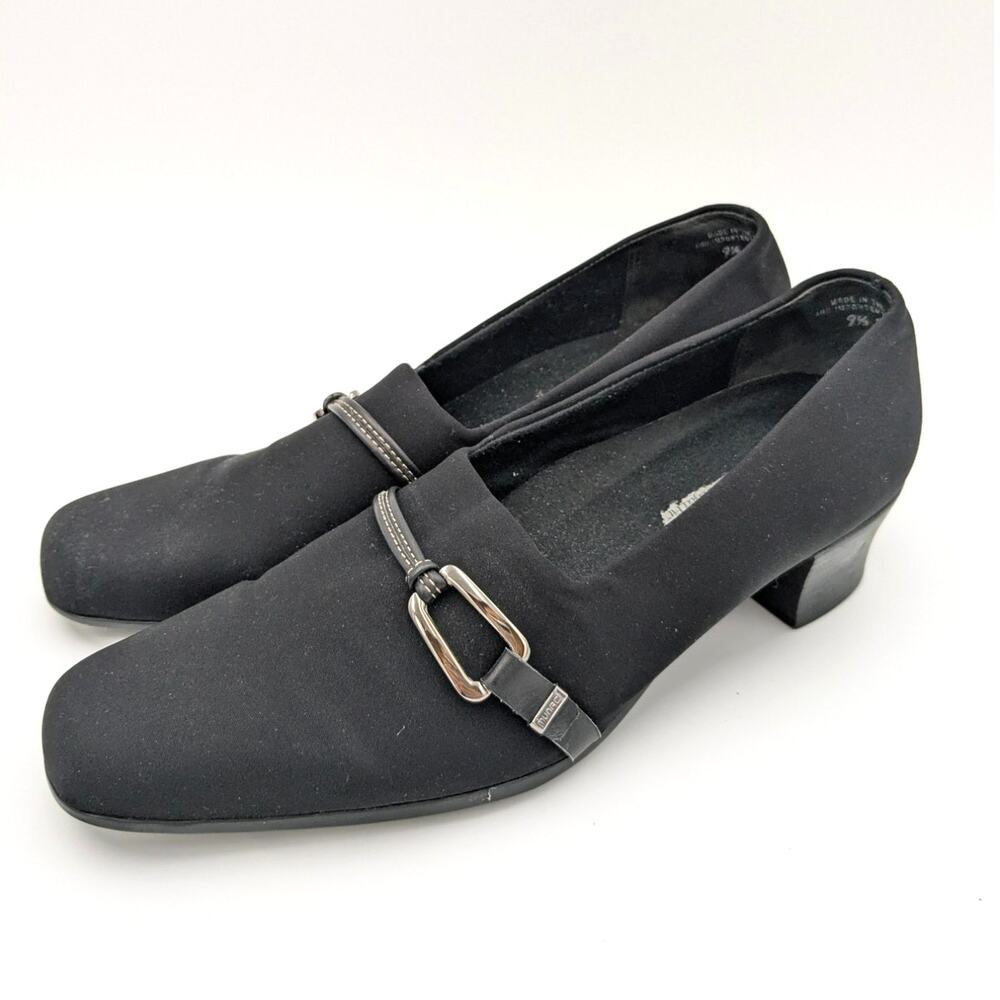 Munro Cindi Block Heel Pump Black Stretch Fabric Square Toe Size US9.5M EU41